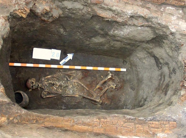 A Yamnaya skeleton from a grave in the Russian steppe, which was the homeland of men who migrated to Europe. XVODOLAZX/WIKIMEDIA COMMONS